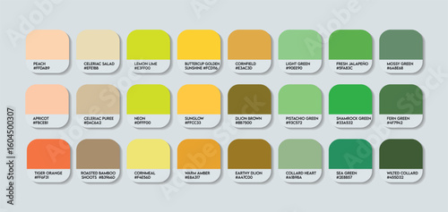Tropical Forest Inspired Color Palette Chart with HEX Codes. A Blend of Fresh Greens, Warm Yellows, and Earthy Neutrals for Natural Design Projects. Fashion Trend Yellow Green Orange Color palette.