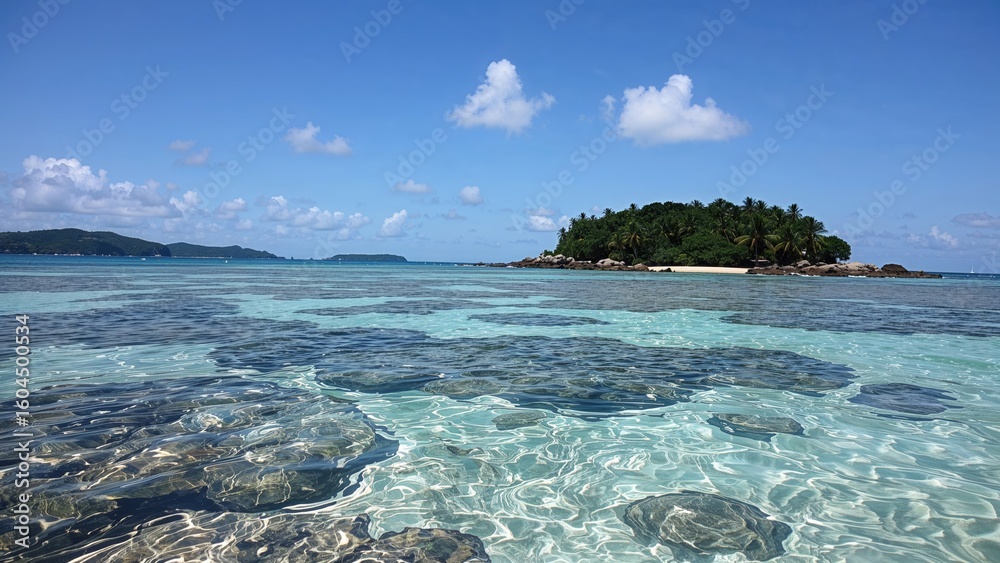 Fototapeta premium A serene tropical beach featuring a vibrant coral reef lagoon