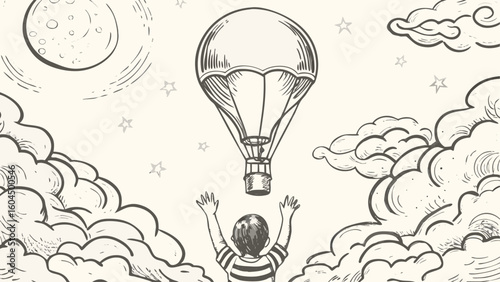 Illustration of a child reaching for a hot air balloon amidst clouds and stars under a full moon sky silhouette