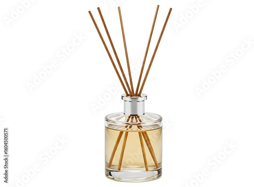 Glass bottle with diffuser reeds and essential oil for home fragrance