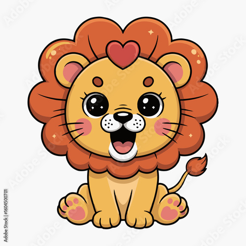 Cartoon lion with orange mane and heart sitting on a white background with big eyes and open mouth