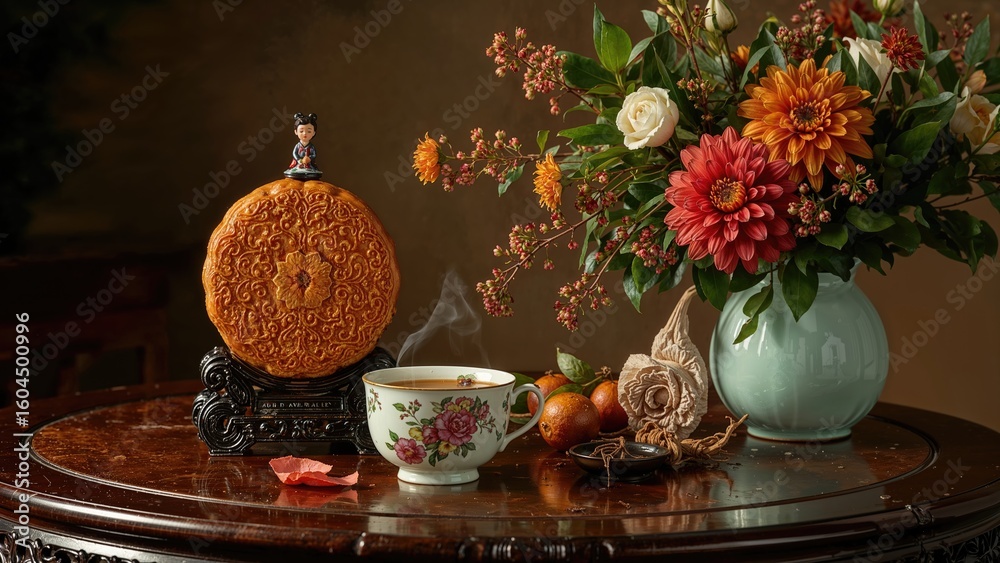 Fototapeta premium Classic mooncake paired with tea on a wooden surface, vintage style celebration treats for the mid-autumn festival