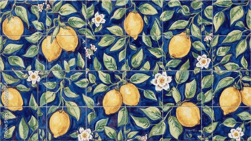 Endless blue mosaic tile pattern decorated with hand-painted lemon fruits, foliage, and floral elements in a classic Mediterranean ceramic painting style.