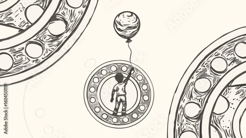 Illustration of a child holding a balloon inside a bearing with additional bearings around him in sketch style silhouette