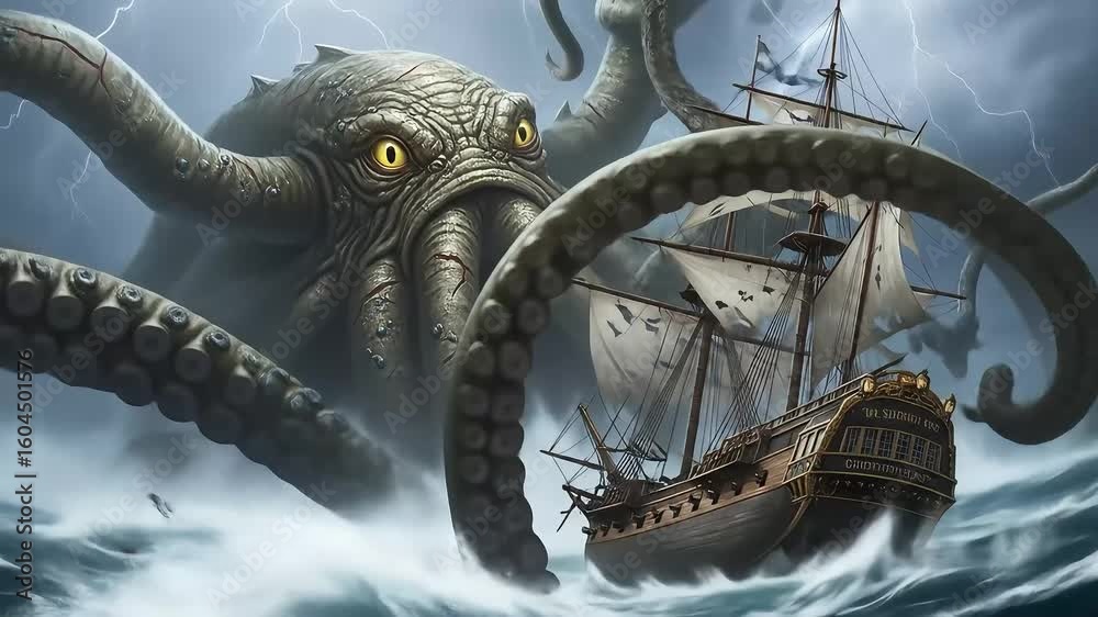 A colossal kraken attacks a sailing ship amidst a stormy sea with lightning