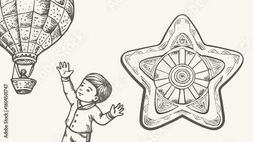 Illustration of a boy reaching for a hot air balloon with a star shaped decorative object nearby silhouette