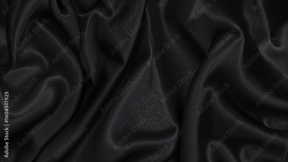 Fototapeta premium Smooth Black Silk Textile Backdrop - Refined Abstract Fabric with Gradient Shades and Subtle Shadows, Ideal for Presenting Products and Decorating Canvas in Fashion Advertising.