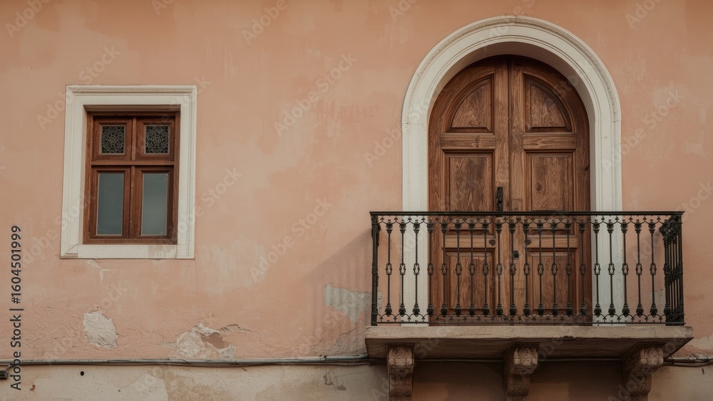Obraz premium Old building exterior with a wooden window, arched door, and intricate wrought iron balcony fence in a vertical format