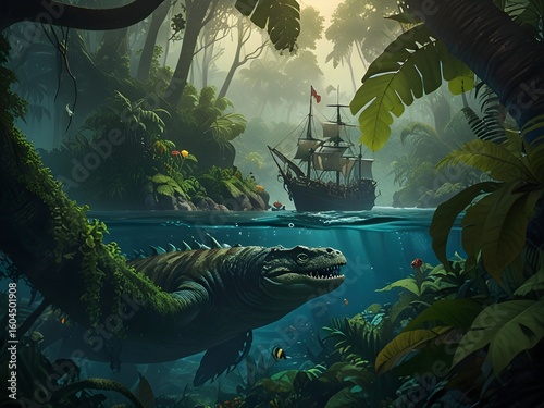 Jungle adventure background with pirate animals sneaking past sea monster in whimsical fantasy environment