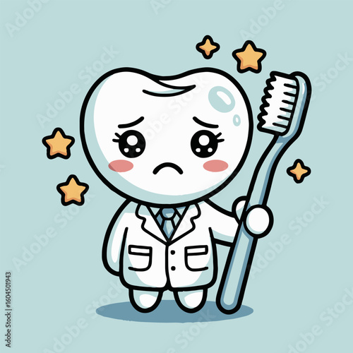 Sad cartoon tooth character in doctor coat holding toothbrush on a light blue background with stars