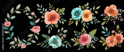 Boho watercolor floral set with turquoise hot pink orange blooms and leafy accents styled for lively wedding prints on plain black background