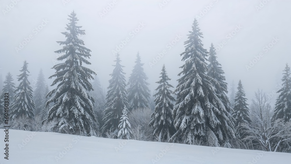 Fototapeta premium Misty winter woodland scene with limited sight, frost, and snow creating a festive atmosphere.