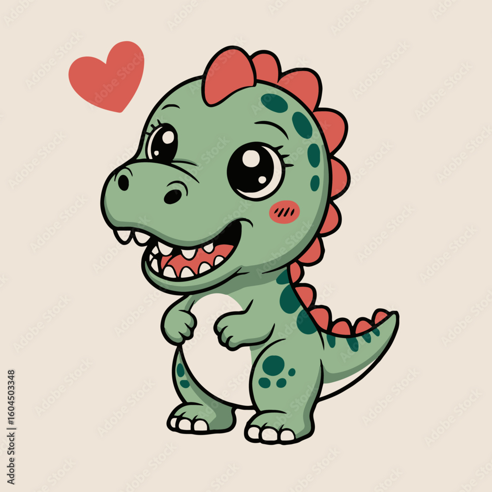 Obraz premium Illustration of a cartoon dinosaur with a heart shape floating above its head on a light background
