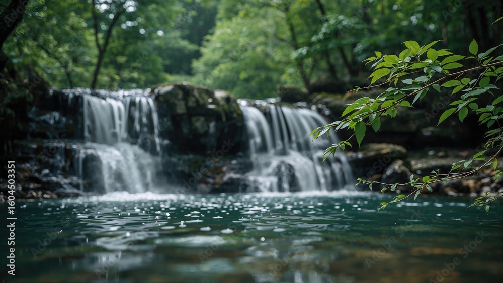 Fototapeta premium Detailed view of a waterfall with shallow depth and soft blur