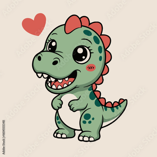Illustration of a cartoon dinosaur with a heart shape floating above its head on a light background