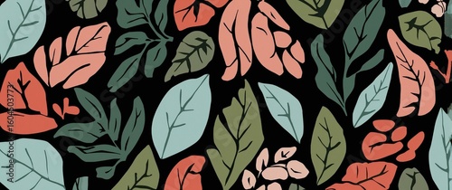 Abstract botanical leaves in flat coral lime and sky blue geometric shapes arranged cleanly on plain black background