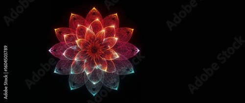 Abstract flower in swirling mesh blend of orange fuchsia and turquoise with neon tips glowing on plain black background