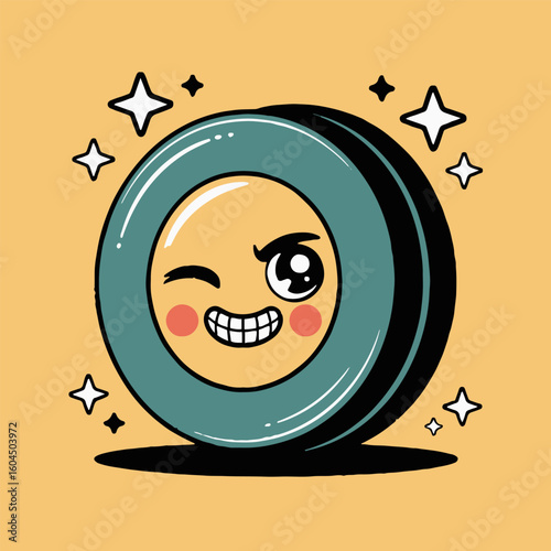 A cartoon puck with a winking face and stars surrounding it on a yellow background illustration