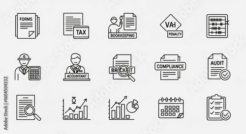Tax and Budgeting Line Icon Set – Forms, Deductions, VAT, Bookkeeping, Accountant, Audit, Payment Tracking Vector Illustration

