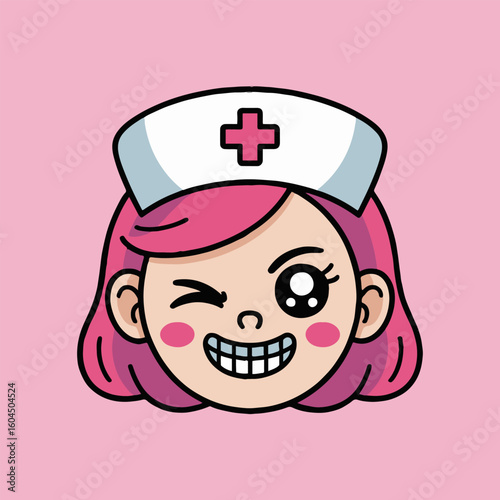 Cartoon nurse with pink hair winking and smiling wearing a white nurse cap on a pink background