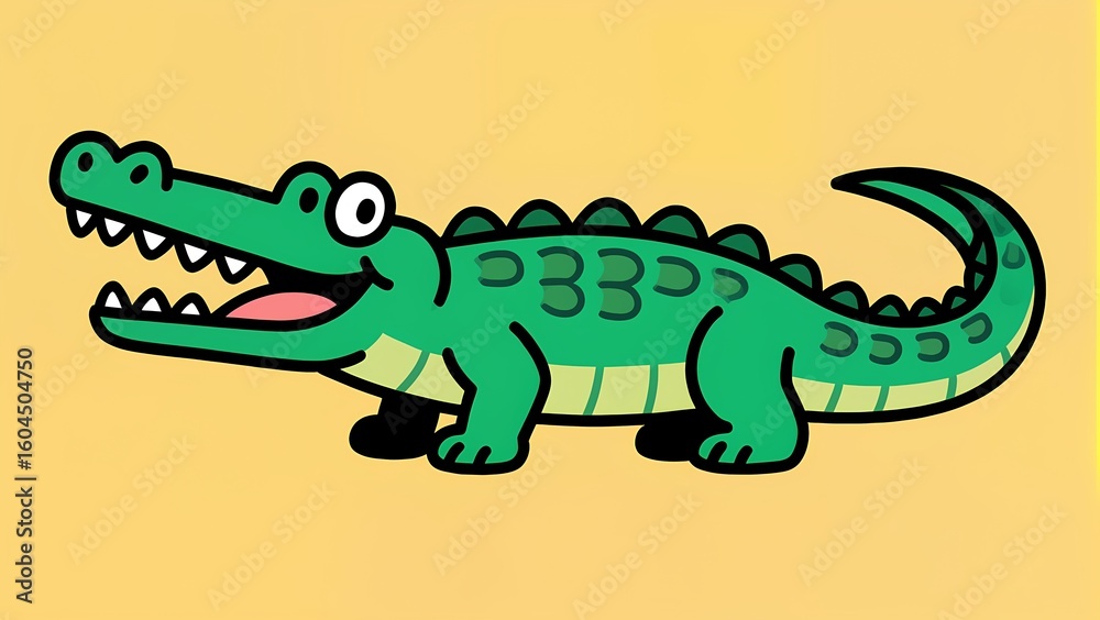 Obraz premium Cute green crocodile with big eyes on bright yellow background