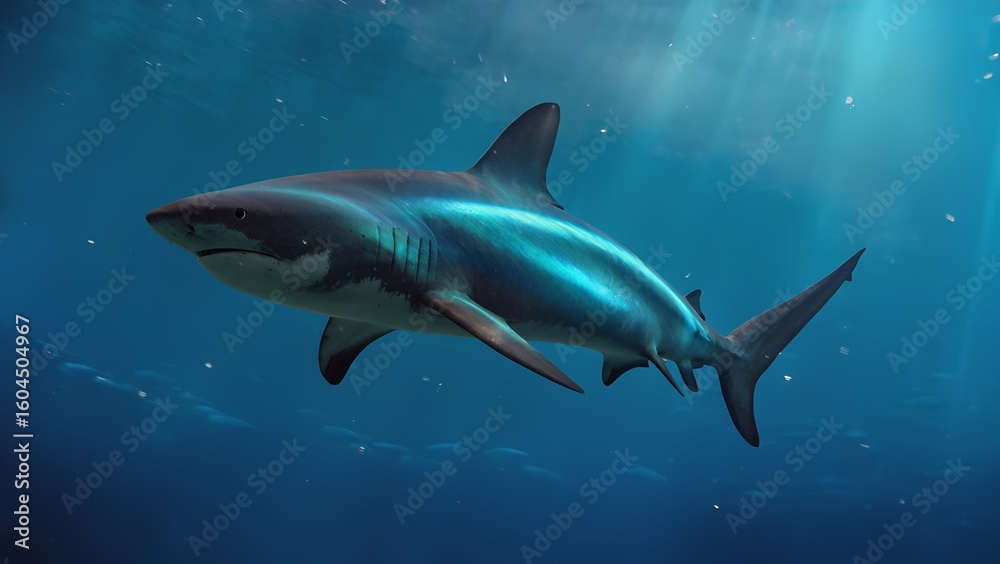 Fototapeta premium Shark glides underwater, powerful silhouette in shimmering blue ocean