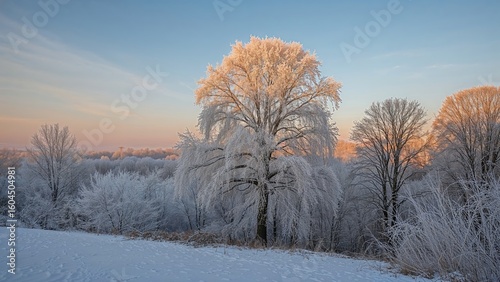 Snow-laden forest at the city's periphery during the cold February season