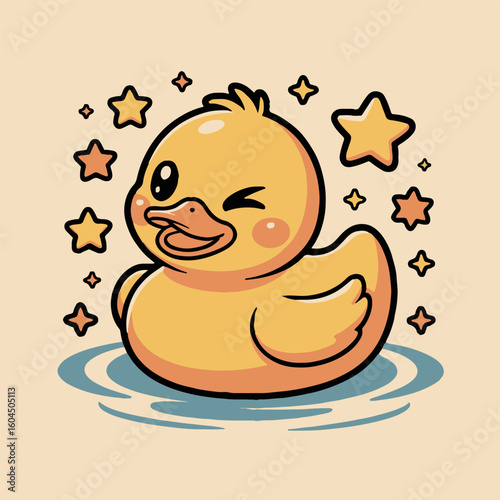 Cartoon yellow duck winking and surrounded by stars in a light beige background illustration