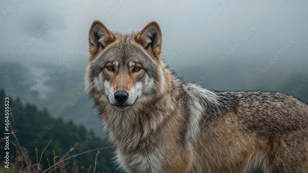 Fototapeta premium Youthful female wolf in the mountainous woodland