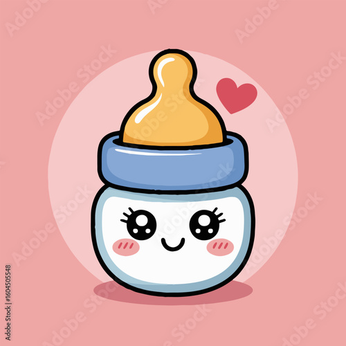 A cute baby bottle with a smiling face and a heart on a pink background in cartoon style art