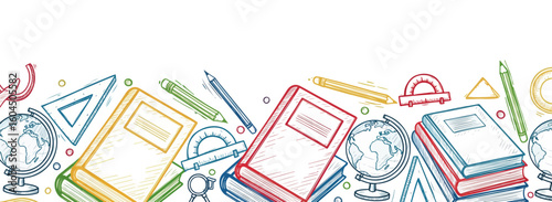 School stationery forming decorative border with books and globe, pencil, ruler, and triangle. Detailed school border illustration for educational content,
