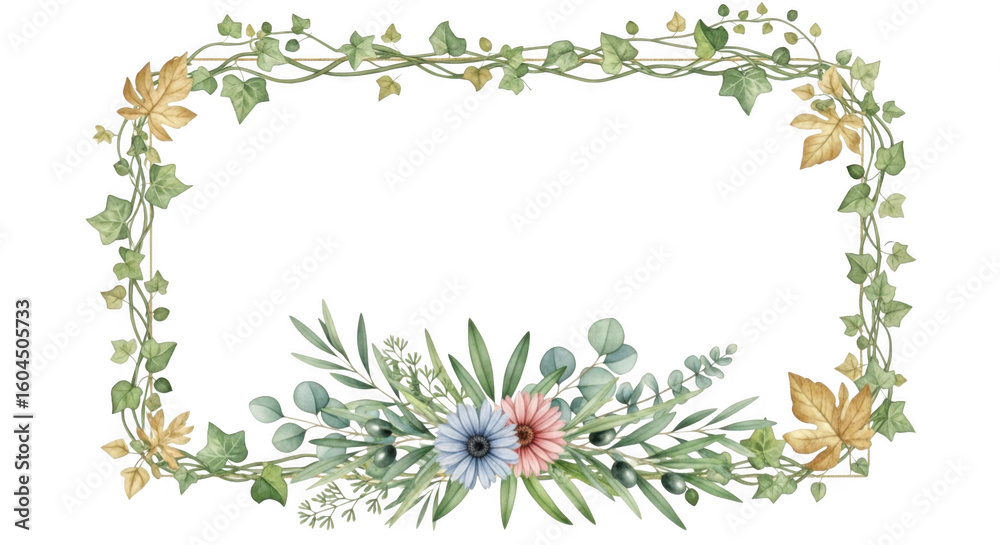Fototapeta premium Floral frame with ivy and flowers, decorative border isolated on transparent background