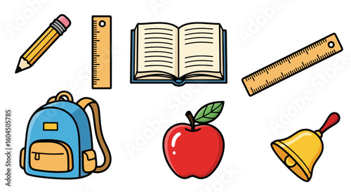 Back to school concept with illustrated pencil, book and apple graphic. Back to school tools including backpack, ruler and gold bell. Back to school design for school supplies.