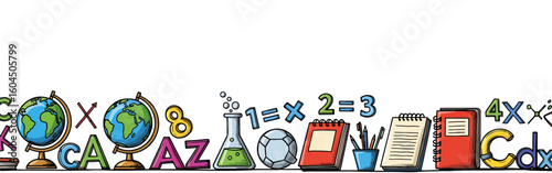 Decorative school border featuring education essentials, like globes, books, beakers, and equations forming an attractive border. School supplies border in bright,