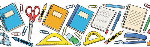 School supply border featuring stationery items like notebooks and pencils creates welcoming framing for educational themes. School supply border offers colorful elements from ruler to stapler,