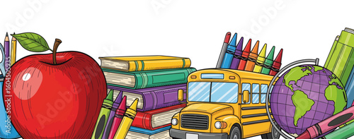 School border with apple, books, and school bus illustration on white background. School border includes crayons, globe, and pencils, creating vibrant back-to-school template.