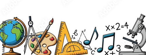 Colorful school border design with globe, art supplies, and microscope arranged for banner or web use. School border also includes musical notes, math equations, and rulers,