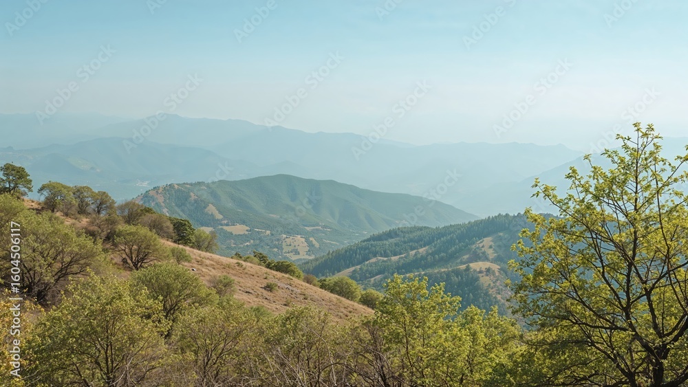 Fototapeta premium A mountain scene featuring a transparent atmosphere
