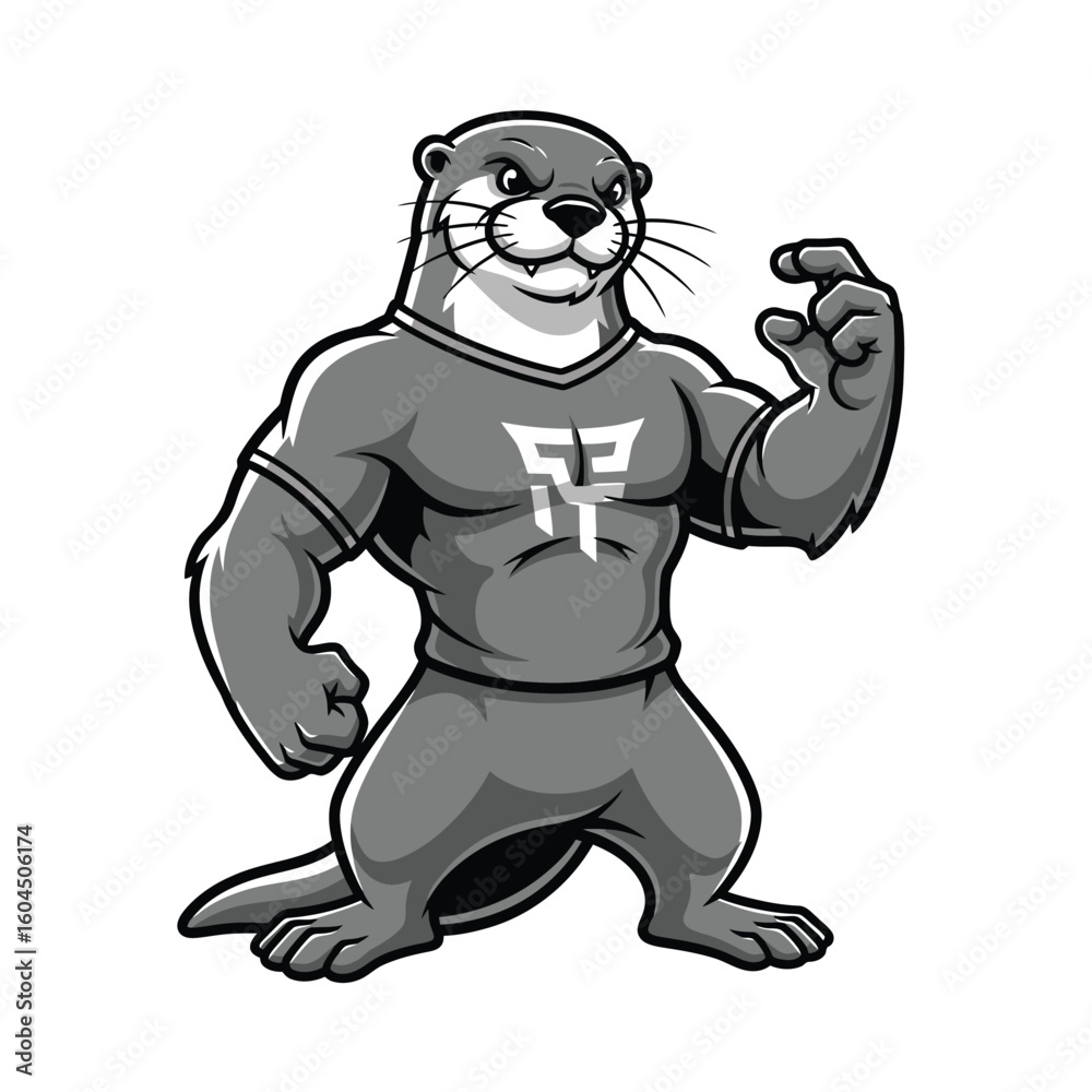 A muscular cartoon otter in a grey shirt flexing its arm, looking confident. A muscular cartoon otter in a grey shirt flexing its arm, looking confident.