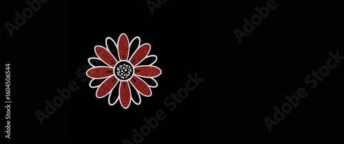 Single line daisy in white stroke with bold red and orange petal shapes highlighted softly on plain black background