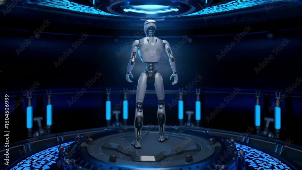 A futuristic Robot stand on movable stage 
in futuristic technology lab