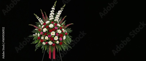 Funeral floral stand with detailed orchids chrysanthemums and ribbons in respectful tones standing solemnly on plain black background