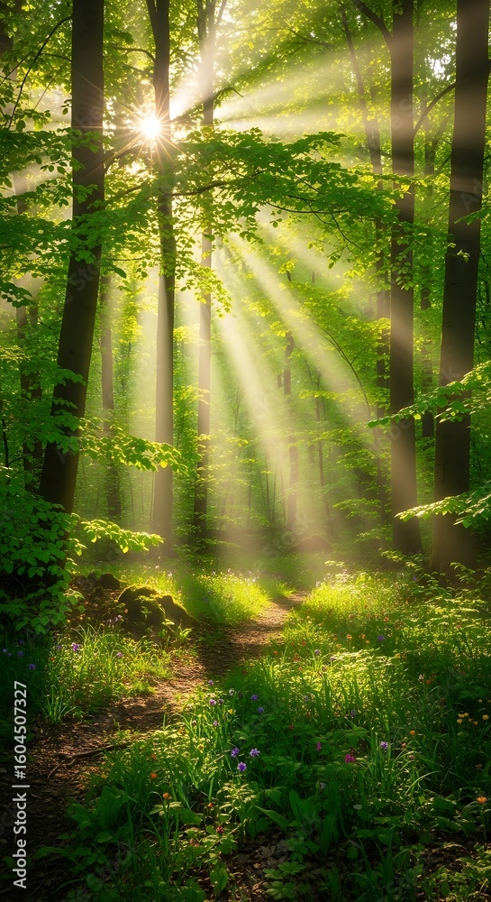 Obraz premium Sunlight streams through a lush forest path.