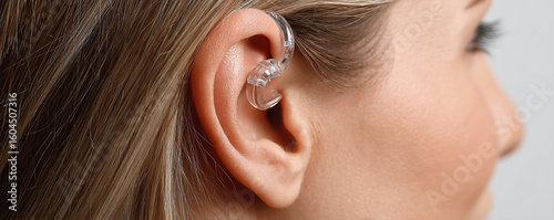 Woman wearing a transparent hearing aid during an indoor consultation in a modern clinic