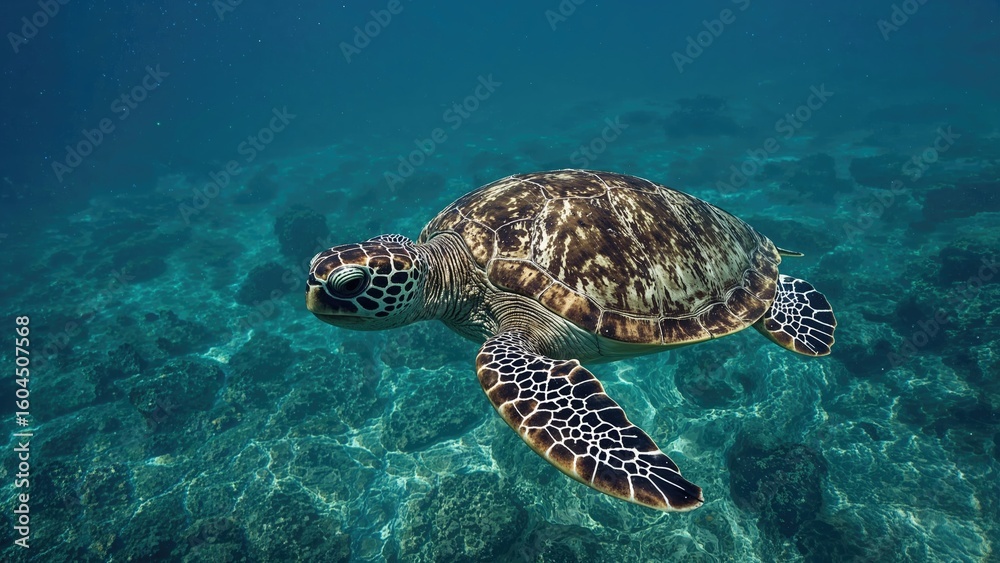 Obraz premium Green sea turtle captured beneath the waves in its natural habitat.