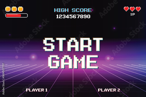 START GAME. pixel art .8 bit game. retro game. for game assets. arcade gaming. Vector illustration.