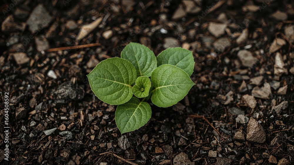 Naklejka premium Fresh heart-shaped greenery rising from deep, organic soil, symbolizing new growth.