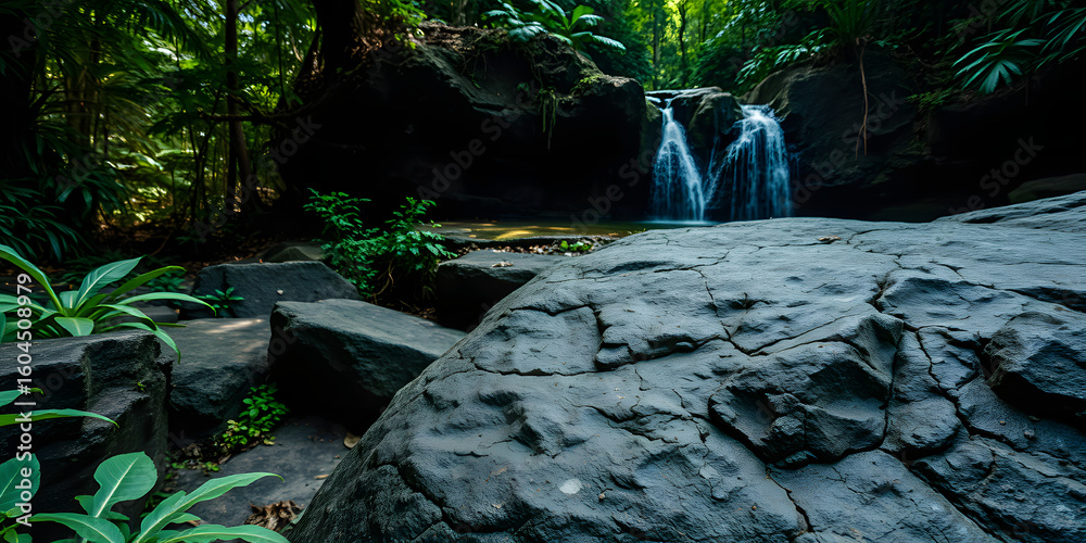 Obraz premium A view of a small waterfall in a lush green forest with large rocks in the foreground setting the scene