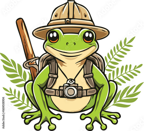 Nature's Chronicler: Cartoon Frog Explorer with Camera