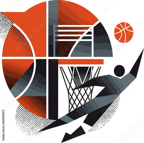 Abstract geometric basketball player is jumping towards an orange ball and hoop against a white backdrop creating a dynamic and athletic illustration for sports and promotional use.